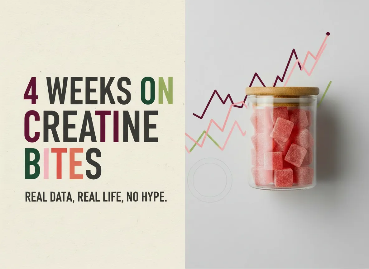 Blog featured image with the headline “4 Weeks on Creatine Bites” and the subhead “Real data, real life, no hype,” alongside a jar of pink creatine gummy bites and an upward-trending line chart in the background.