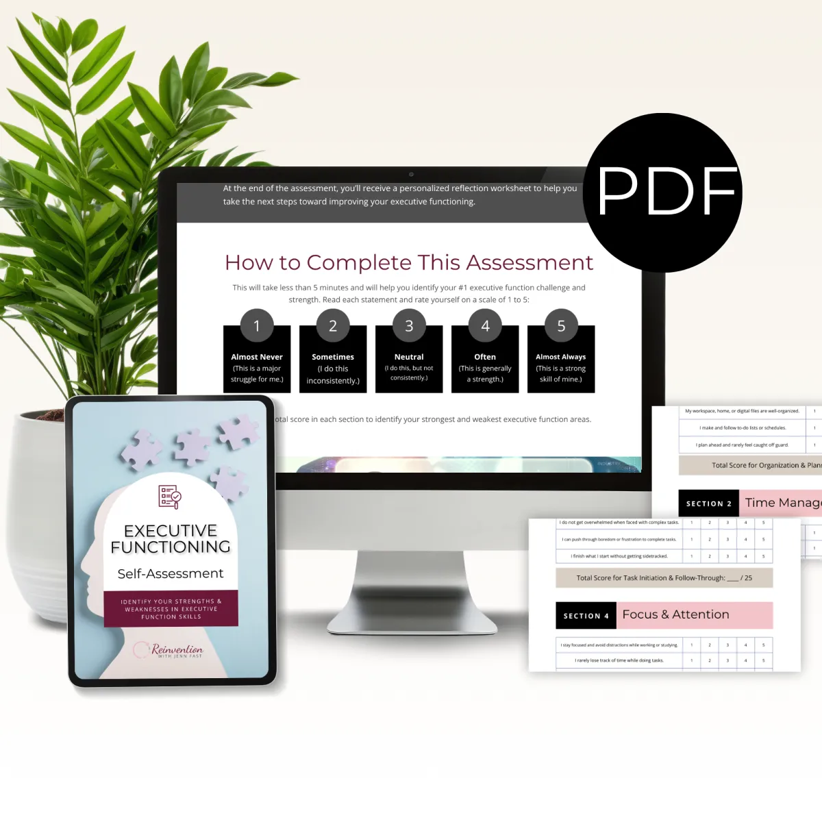 Miracle Month Planner free downloadable PDF by Productive AF—stylish digital planner cover with calendar icon, step-by-step productivity guide pages, and branding for overwhelmed women seeking clarity and organization.