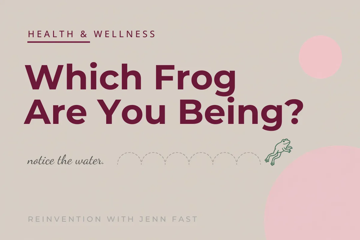 Illustration of a small green frog leaping along a dotted arc across a linen background with soft pink circles, in Reinvention with Jenn Fast brand colors.