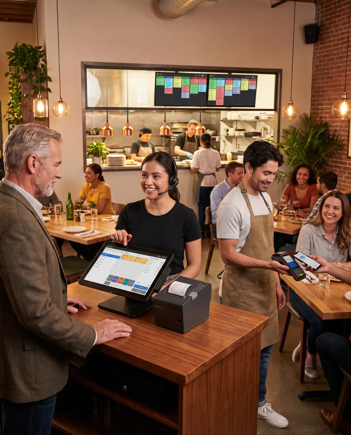 Restaurant cashier using KwickPOS restaurant POS software with integrated payment processing powered by YapPay