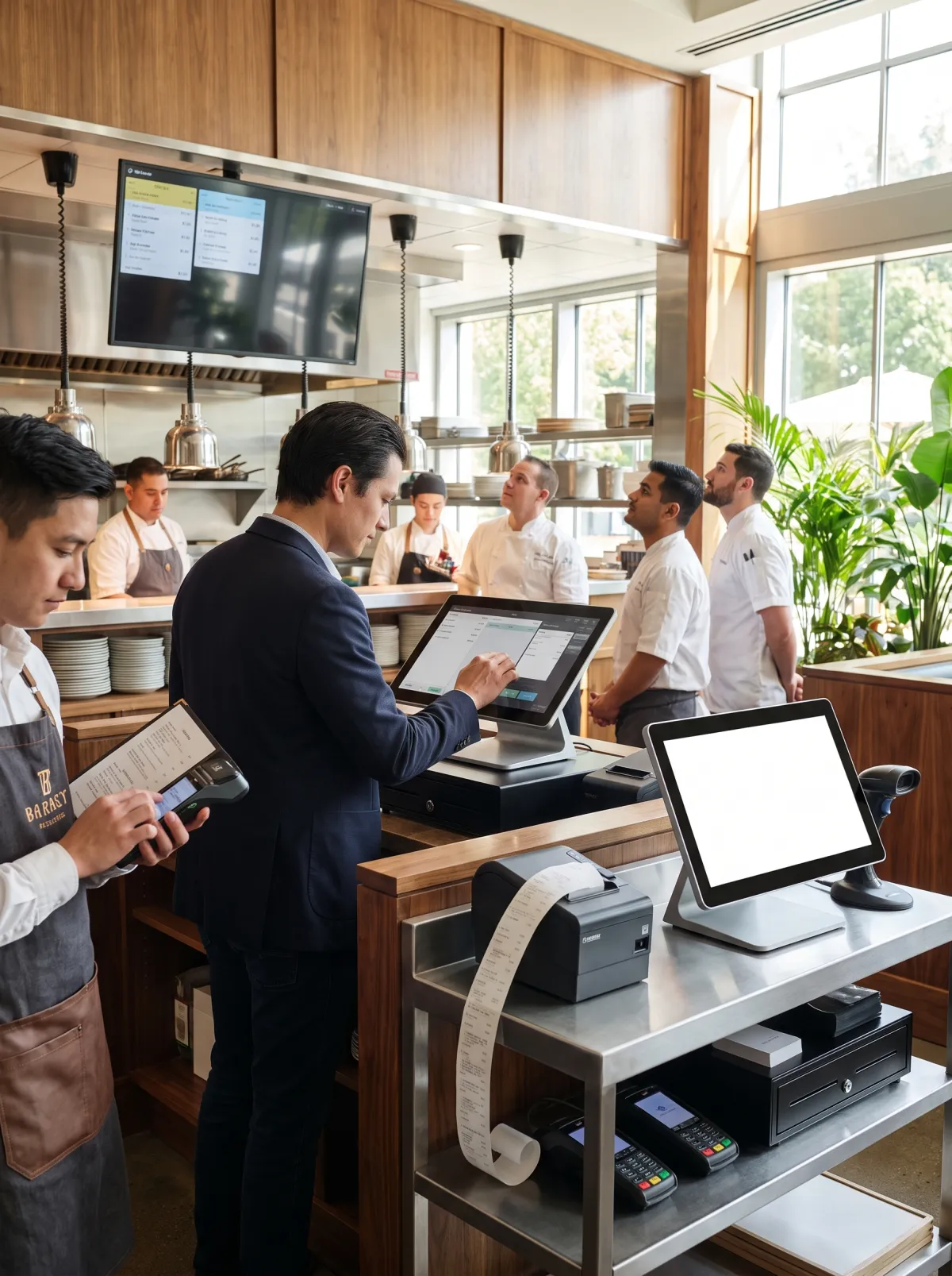 Restaurant staff using touchscreen POS system, handheld payment terminal, and kitchen display system with YapPay restaurant payment solutions