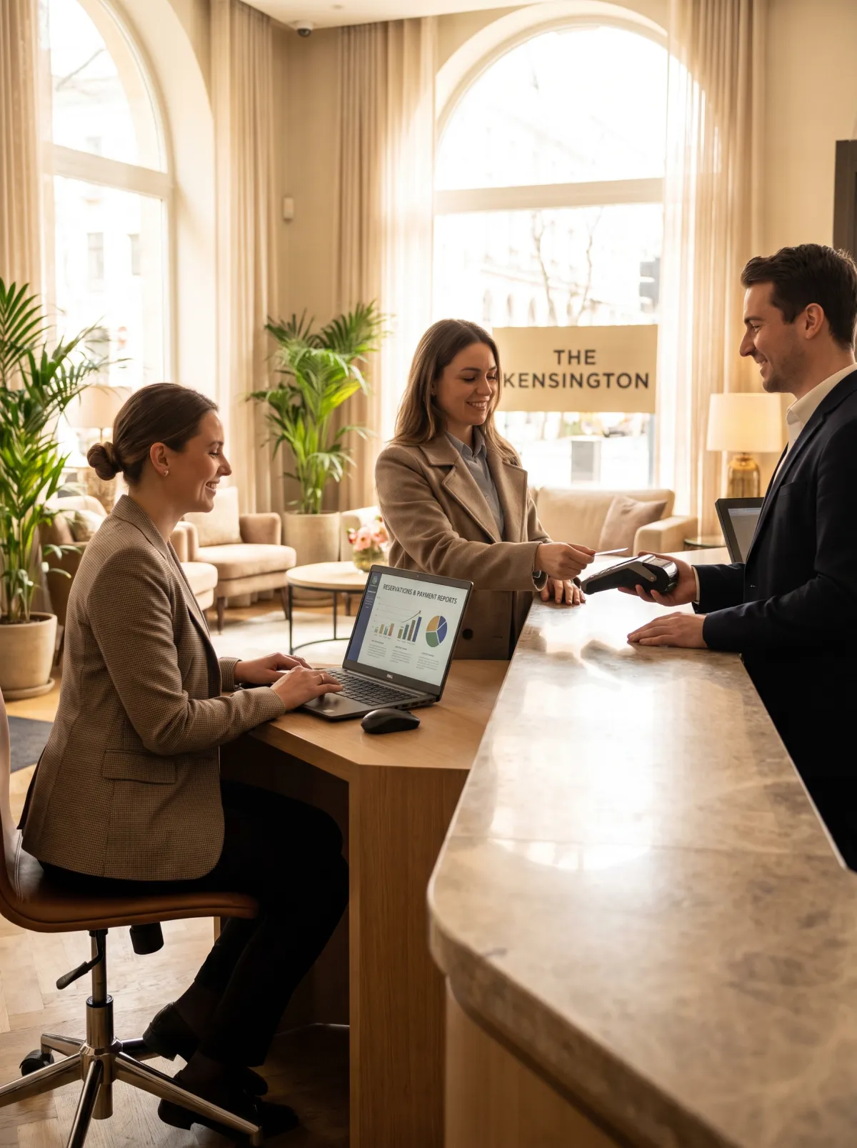 Boutique vacation rental manager welcoming guests with digital check-in and secure payment processing.
