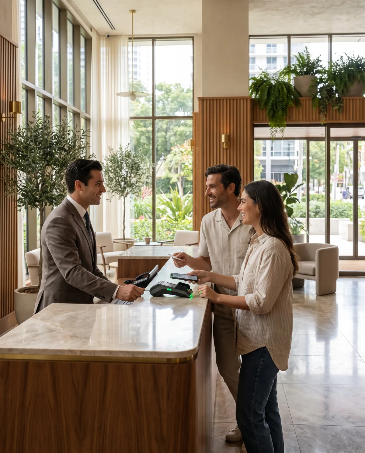 Luxury hotel front desk with guests completing a secure digital check-in and payment using YapPay hospitality payment processing.