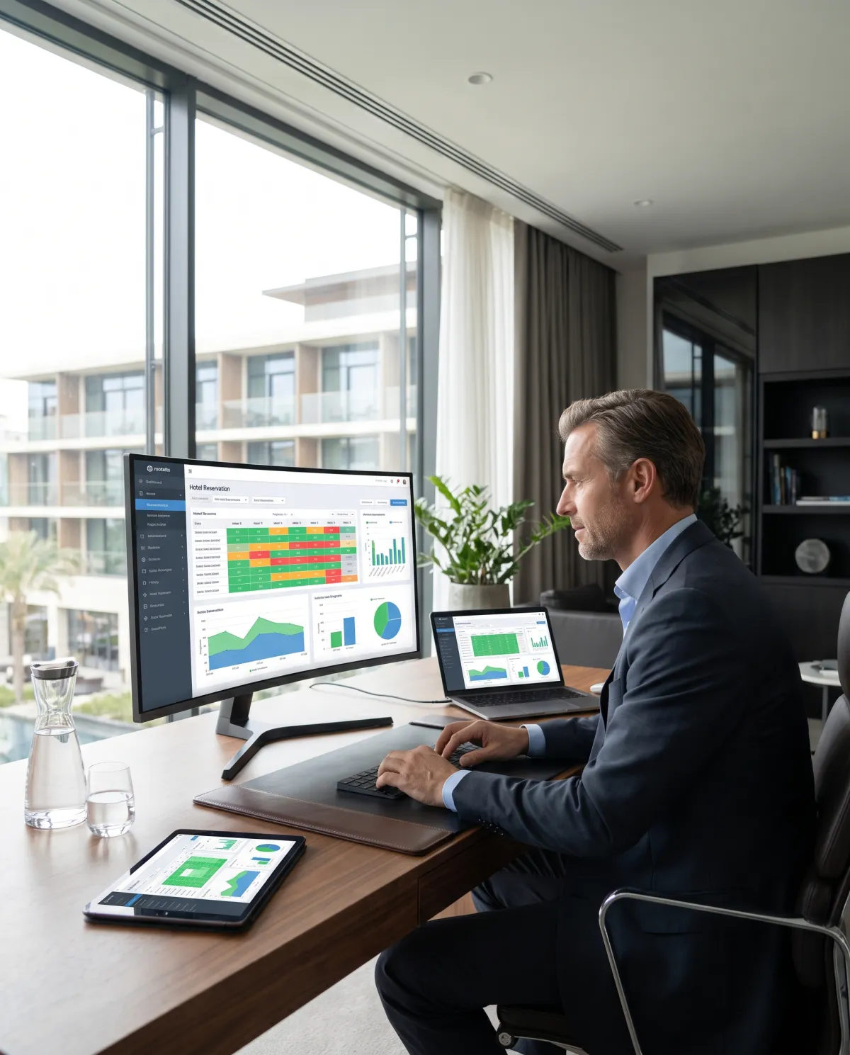 Hotel manager using integrated hospitality software to monitor reservations, guest payments, and property operations.