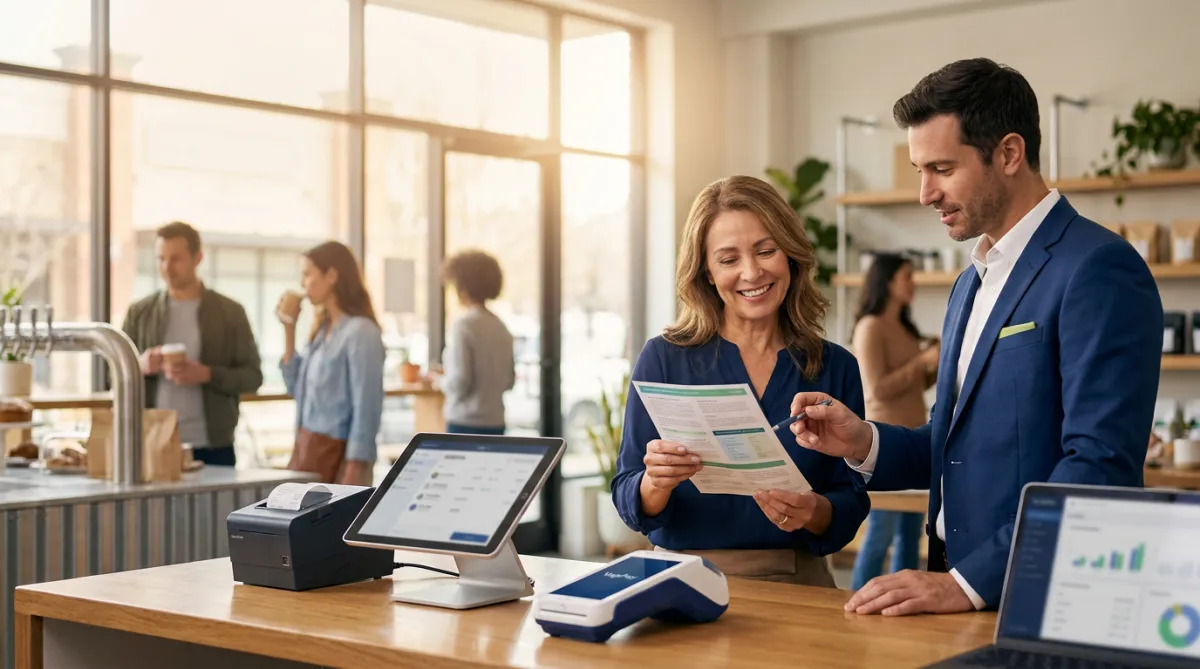 Business owner reviewing payment processing options with a YapPay specialist to reduce credit card processing fees and improve payment solutions.