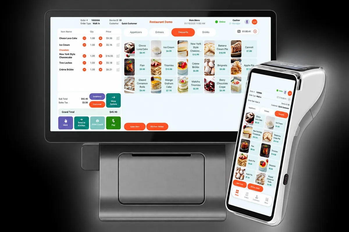 YapPay POS station and handheld showing a restaurant demo