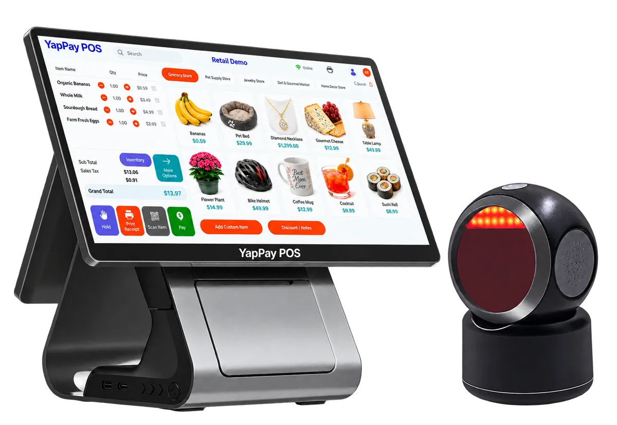 YapPay POS retail checkout station with barcode scanner