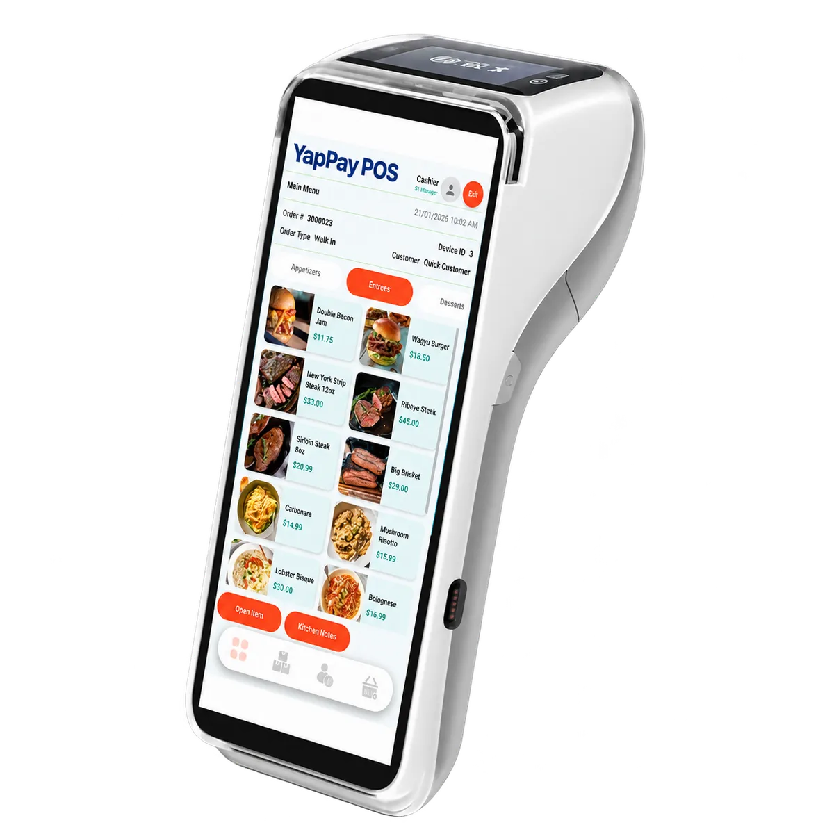 YapPay POS handheld showing restaurant ordering