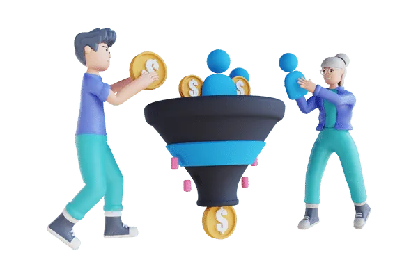 Graphic of young man and a female putting coins and leads in a funnel