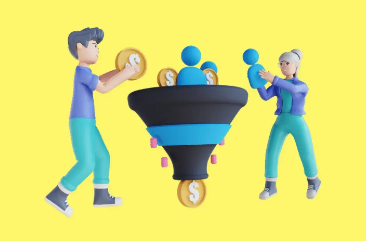 Graphic of young man and a female putting coins and leads in a funnel