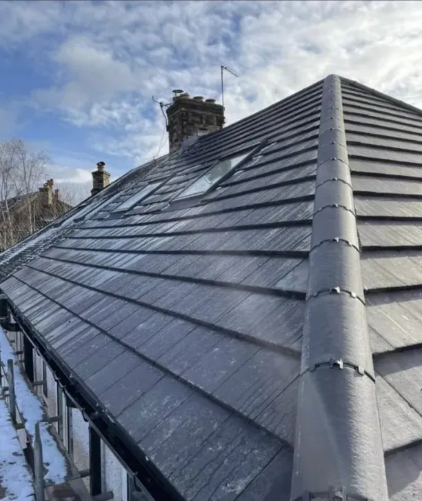 A roof with a birdhouse on top of it