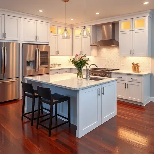 Modern kitchen renovation in Hinsdale IL featuring white cabinetry, quartz countertops, stainless steel appliances, and natural light.