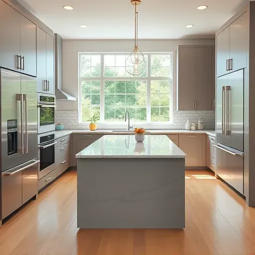 Modern remodeled kitchen in Mount Prospect with sleek cabinets, stainless steel appliances, granite countertops, and natural light.