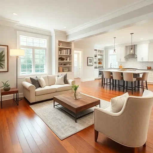 Renovated living room in Long Grove IL with neutral walls, bay window, hardwood floors, and stylish furniture.