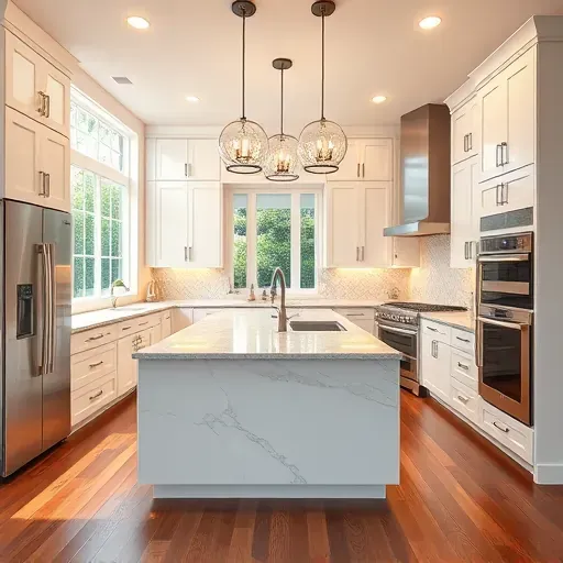 Renovated Winnetka IL kitchen with white glossy cabinets stainless steel appliances marble island hardwood floors large windows showing landscaped garden