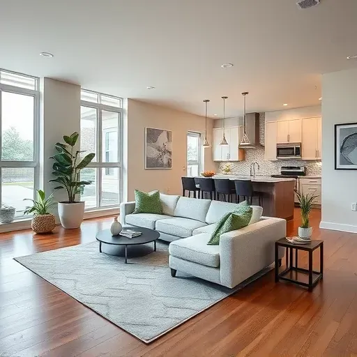 Modern living room in Mount Prospect IL features sleek furniture, large windows, and gourmet kitchen opening to a bright space.