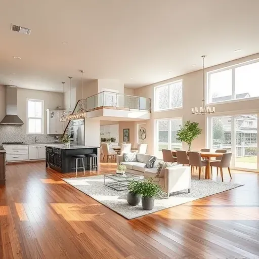 Modern open-concept living space in Deerfield IL featuring hardwood floors, elegant fixtures, and a stylish kitchen.