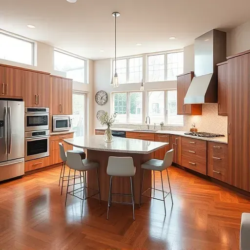 Renovated Lincolnshire kitchen with high-end appliances, granite countertops, custom wood cabinetry, large windows, and hardwood floors