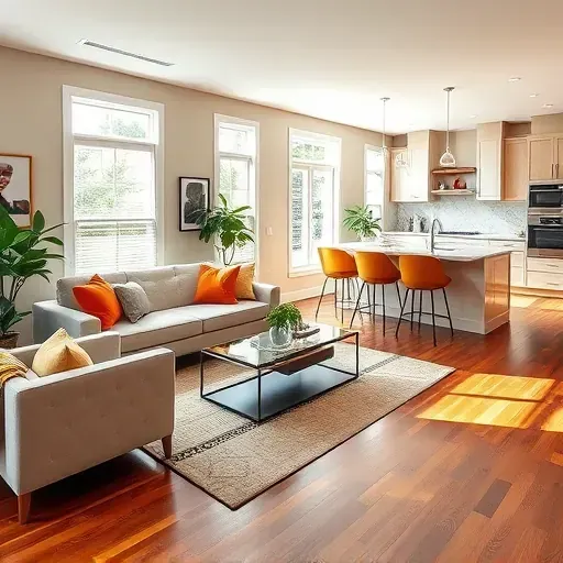 Beautifully renovated living room in Skokie IL with hardwood floors, modern windows, and stylish contemporary decor.