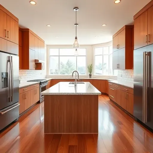 Remodeled Palatine Illinois modern kitchen with wood cabinetry stainless steel appliances granite countertops hardwood floors and natural light