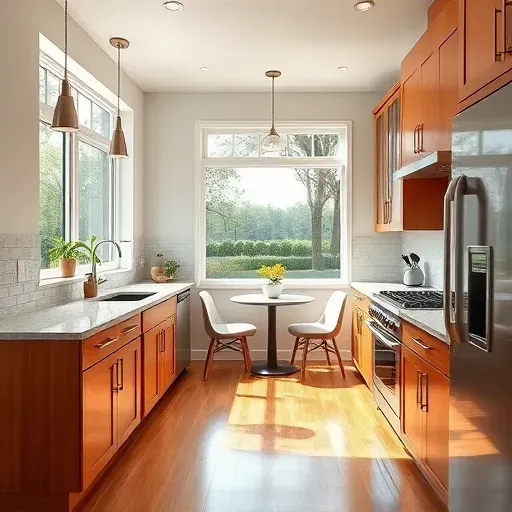 Remodeled Northfield IL kitchen with granite countertops stainless steel appliances hardwood floors and natural light