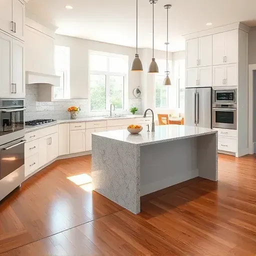 Renovated modern kitchen in Naperville IL featuring sleek matte cabinetry stainless steel appliances granite island neutral tones hardwood floor and elegant backsplash