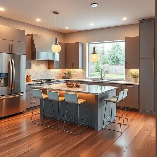 Renovated Gurnee Illinois kitchen with matte cabinets stainless steel appliances granite counters island hardwood floors natural light