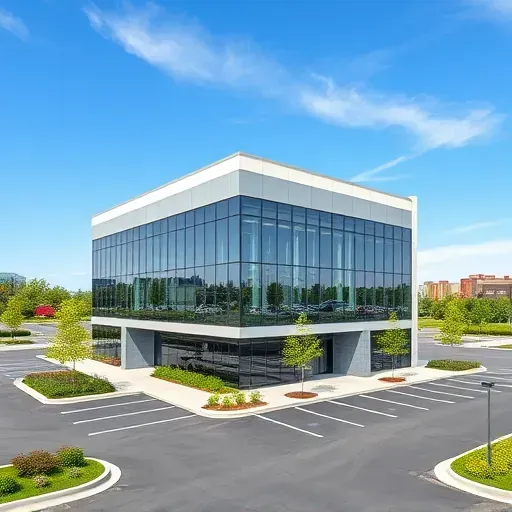 Newly completed modern commercial building in Bloomingdale Illinois with glass facades, manicured landscape, and clear parking