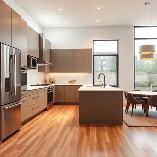 Renovated Hoffman Estates kitchen with matte cabinets stainless steel appliances quartz countertops marble backsplash hardwood floor large window spacious open layout