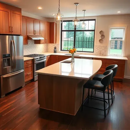 Freshly remodeled kitchen in Palatine IL with warm wood cabinetry, quartz countertops, and stainless steel appliances.