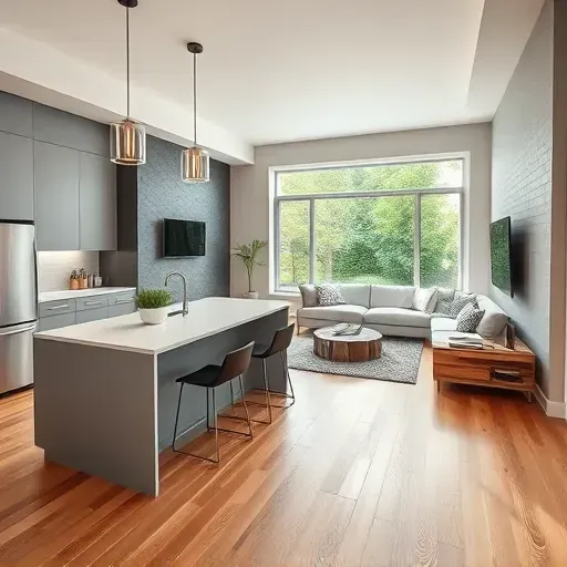 Modern kitchen and living space in Niles IL featuring quartz countertops, sleek appliances, and large windows.