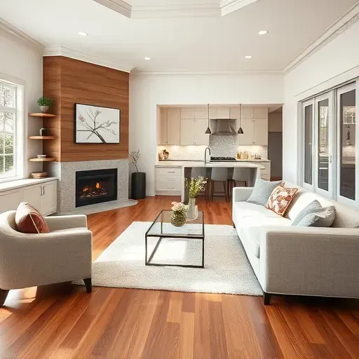 Completed home remodel in Evanston, IL featuring modern living room, sleek fireplace, and bright bay windows.
