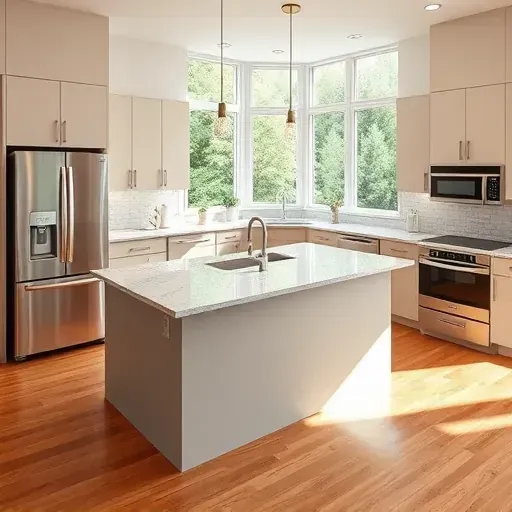 Freshly remodeled Northfield IL kitchen featuring modern cabinetry, granite island, and stainless steel appliances.