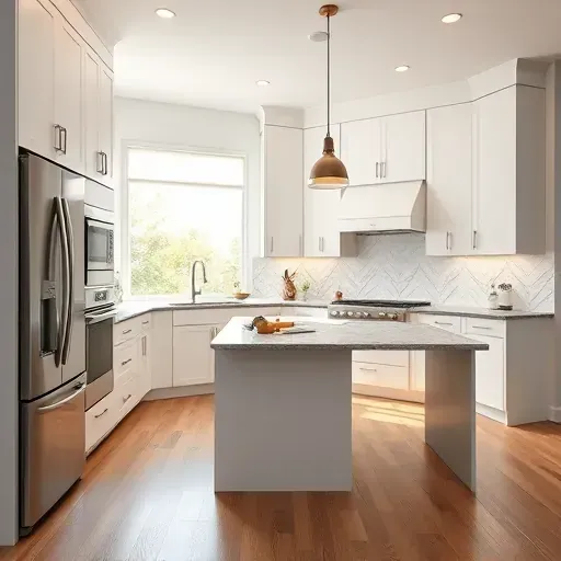Recently remodeled kitchen in Gurnee IL with matte white cabinetry, stainless steel appliances, and warm hardwood floors