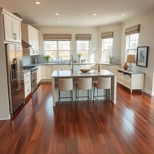 Stunning kitchen remodel in Palatine IL with polished granite countertops, hardwood floors, and spacious layout.