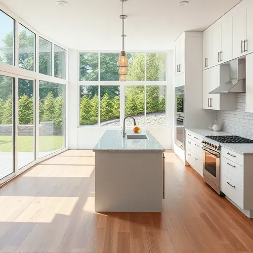 Bright renovated Lake Zurich kitchen with sleek cabinetry quartz countertops stylish island pendant lighting stainless steel appliances tiled backsplash hardwood floor natural light large windows outdoor greenery