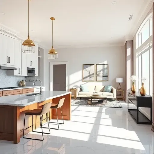 Modern kitchen remodel in Lincolnshire IL with sleek cabinetry, marble countertops, pendant lighting, and cozy living area.