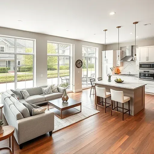 Spacious remodel in Aurora IL features open-concept living with modern furniture, high-end kitchen, and natural light.