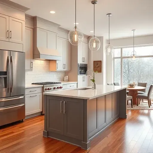 Renovated Glenview Illinois kitchen with sleek matte cabinets stainless appliances spacious granite island warm hardwood floors natural light