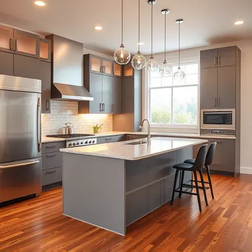 Modern renovated Wheeling IL kitchen with sleek matte cabinetry stainless appliances granite island warm hardwood floors large windows