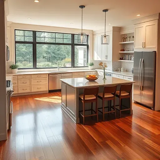 Stylish modern kitchen in Highland Park with granite countertops, custom cabinetry, warm lighting, and polished hardwood floors.