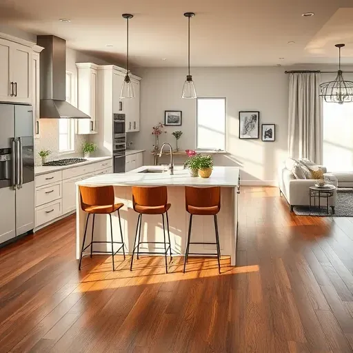Modern Mount Prospect kitchen features sleek cabinetry quartz countertops and cozy hardwood flooring in natural light.