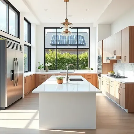 Modern energy-efficient kitchen in Bloomingdale IL with sleek appliances, quartz countertops, eco-friendly cabinetry, and smart tech