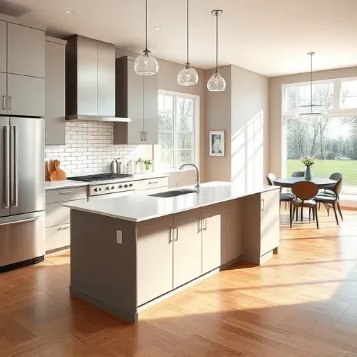 Recently renovated Mundelein Illinois modern kitchen with matte cabinetry quartz island sleek stainless appliances polished hardwood flooring and natural light