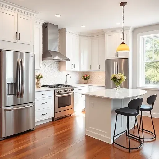 A renovated kitchen in Glenview IL features modern white cabinetry, marble countertops, and stainless steel appliances.