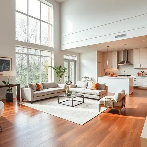 Modern elegant living room in Park Ridge IL, featuring natural light, plush furnishings, and polished hardwood floors.