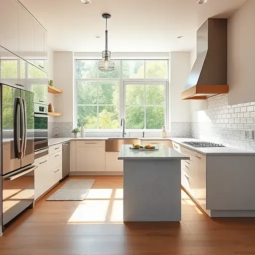 Remodeled Mount Prospect kitchen with modern cabinetry, stainless steel appliances, quartz countertops, subway tiles, and large windows with greenery
