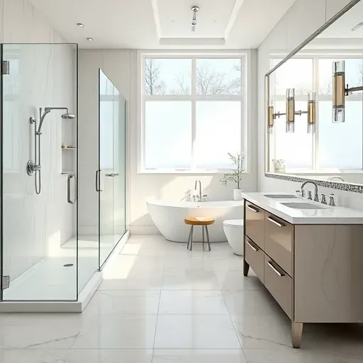 Renovated Bloomingdale Illinois bathroom with modern fixtures, glass shower, freestanding tub, marble double vanity and neutral tiles