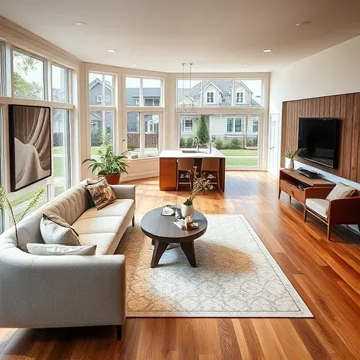 Modern living room in Northfield IL featuring open layout, warm wood floors, elegant decor, and high-end kitchen appliances.