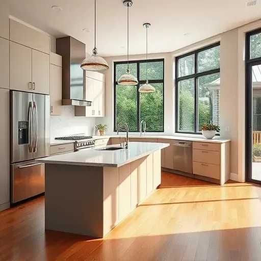 Bright renovated Evanston kitchen with modern matte cabinetry, stainless appliances, quartz counters, hardwood floors and large windows